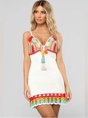 Fashion Nova White Crochet Swim Coverup with Red, Yellow, Teal & Pink Accents